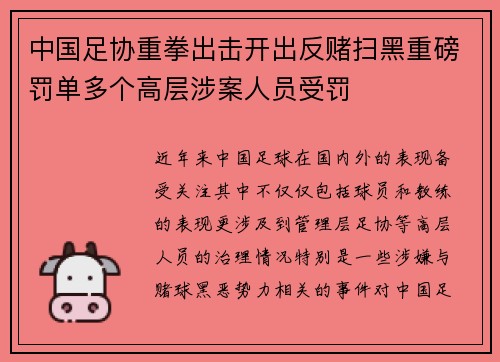 中国足协重拳出击开出反赌扫黑重磅罚单多个高层涉案人员受罚