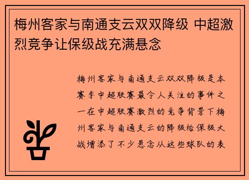 梅州客家与南通支云双双降级 中超激烈竞争让保级战充满悬念 梅州客家与南通支云双双降级 中超激烈竞争让保级战充满悬念
