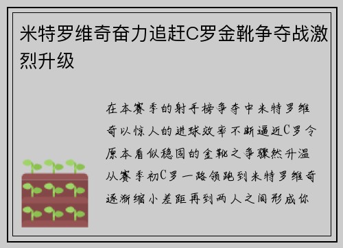米特罗维奇奋力追赶C罗金靴争夺战激烈升级 米特罗维奇奋力追赶C罗金靴争夺战激烈升级